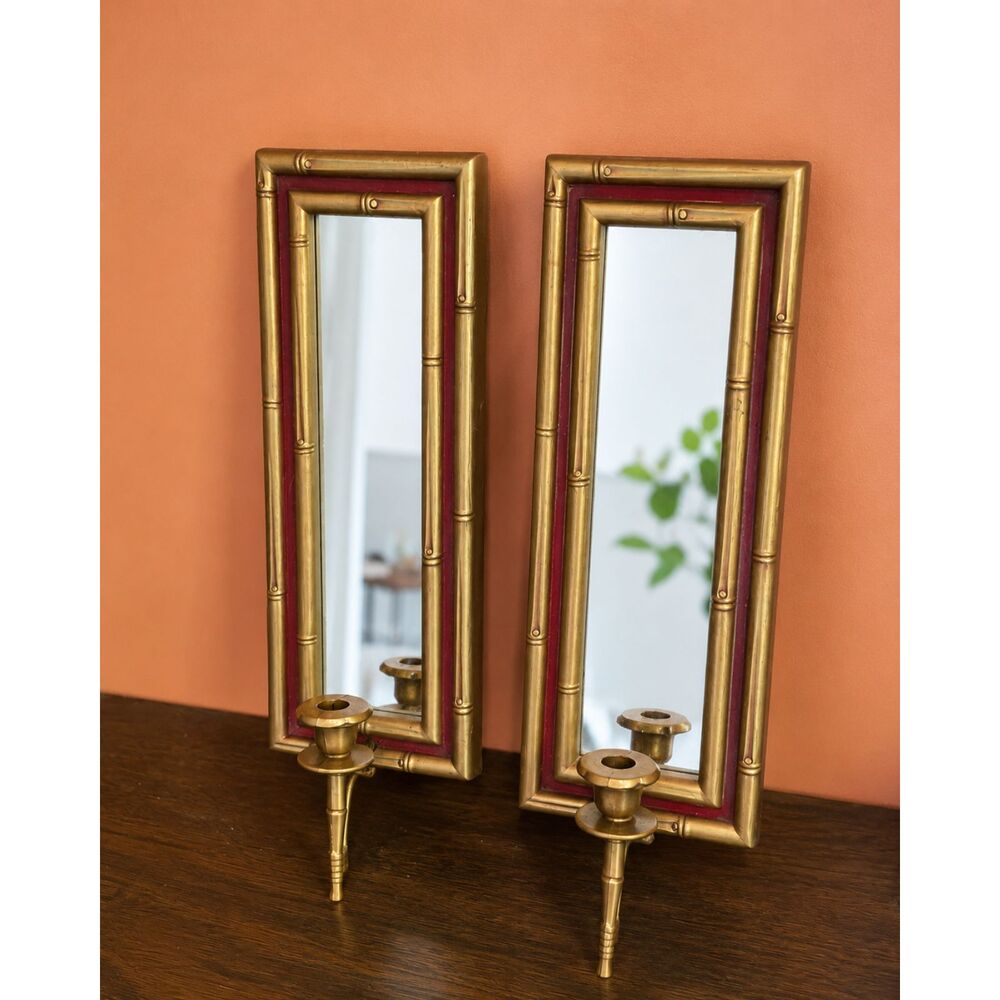 Vintage plastic Mirror Wall Sconces Pair Gold Burgundy Hollywood Regency 16"
